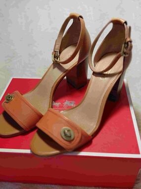 Coach Peach And Tan Leather Block Heel Sandals with Ankle Strap